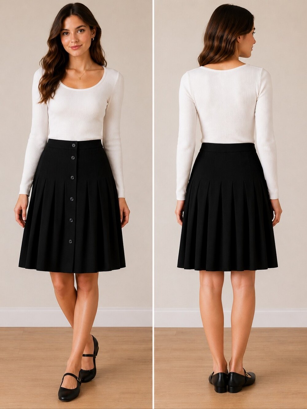 Vintage-Style Black Pleated Button-Down Midi Skirt, Sz 10